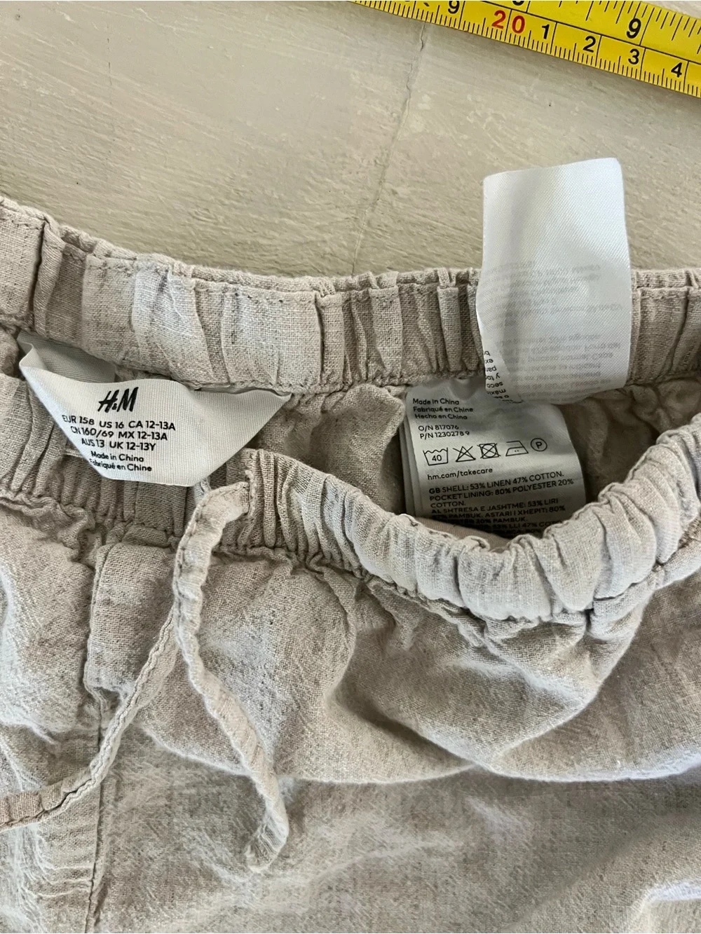 H&M Girls Linen Blend Pull-On Shorts Size 12–13Y Beige Elastic Waist Drawstring